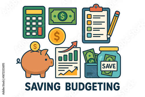 Financial management concept. Saving and budgeting illustration. Money investment and economy. Vector icons set with piggy bank, calculator, wallet, coins for finance.