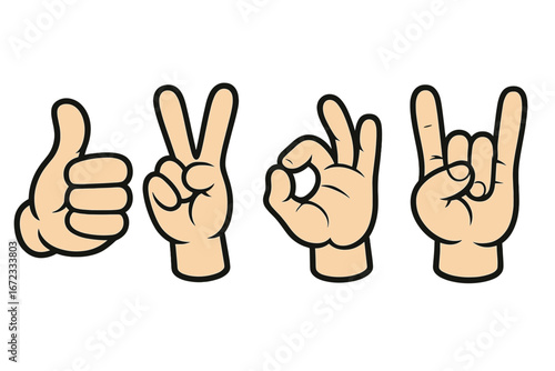 Creative hands showing various gestures including thumbs up, peace sign, okay sign, and rock on symbol in vector cartoon style with transparent background, isolated on white