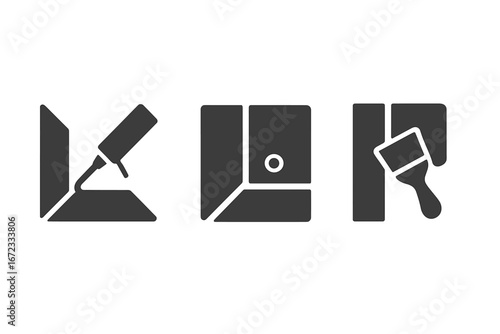 Room Finishing and Detailing Icons Set, Solid Filled Vectors of Caulking Line, Nail Hole Filling, Paint Edging for Home Renovation and Interior Work