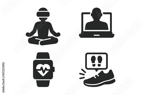 Virtual Fitness Icons Solid Filled Set with VR Yoga Meditation, Virtual Trainer on Laptop, Heart Rate Monitor Smartwatch, Step Tracker Shoe Fitness Technology Vector