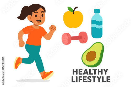 Healthy lifestyle concept with fitness running, nutritious food icons, hydration, dumbbell, avocado, apple, wellness motivation, vector cartoon illustration