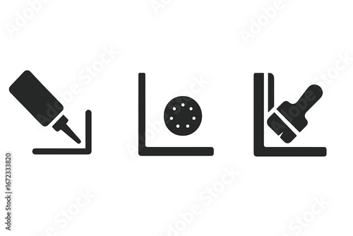Solid Filled Room Finishing Icons Set Featuring Caulking Application, Nail Hole Filling, and Paint Edge Detailing Vector Illustration on Transparent Background