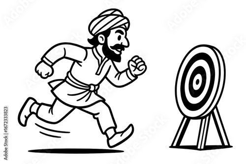 Determined man running towards a target in traditional clothing, stylized line art illustration, vector cartoon character with transparent background, goal achievement concept