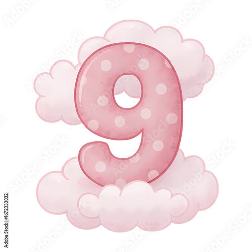 Pink Polka Dot Number Nine in Clouds: Cute Watercolor Design Element for Kids isolated on transparent background
