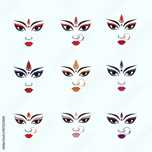 Collection of colorful Maa Durga face icons for Navratri festival.