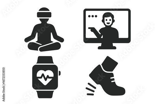 Virtual Fitness Icons Set, Solid Filled Vector Collection of Virtual Health and Fitness Symbols Including VR Yoga, Virtual Trainer, Heart Rate Monitor, Step Tracker, Digital Exercise Technology