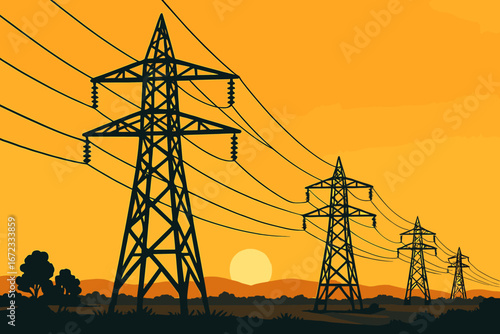 High voltage power lines silhouetted against vivid orange sunset sky in rural landscape with distant hills and tree silhouettes, vector cartoon illustration