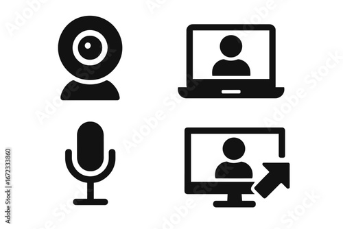 Solid vector icons of virtual meeting communication with webcam, laptop video call, microphone, and screen sharing symbols, digital technology illustration for online conferencing