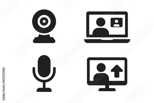 Solid Black Vector Icons of Virtual Meeting Tools and Communication Devices Including Webcam, Laptop Video Call, Microphone, and Screen Sharing Interface Illustration