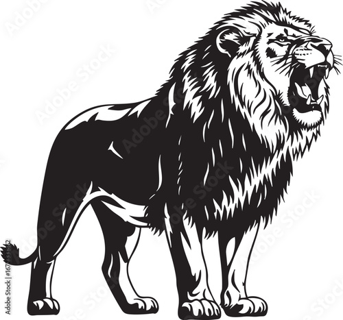 A black and white illustration of a roaring lion standing against a clean white background with bold lines and shading.