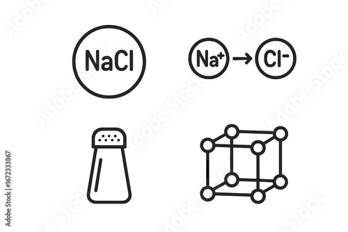 Salt chemistry icons outline set with NaCl molecule, ionic bond diagram, crystal unit cell structure, science and chemistry vector illustration on transparent background