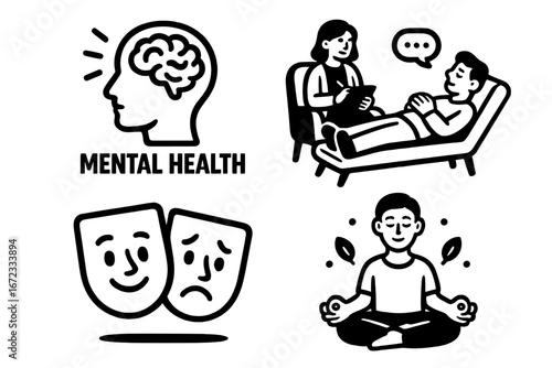 Mental health icons set including therapy session, emotional masks, mindfulness meditation, brain silhouette, wellness and psychological care black and white vector illustration