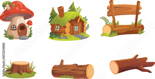 Cartoon forest elements with mushroom house, wooden cabin, tree stumps, logs, rustic signs, fantasy woodland vector clipart collection