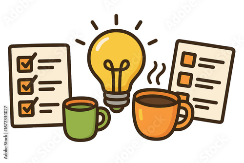 Creative productivity tools illustration with checklists, glowing lightbulb, coffee cups, workflow planning, task management, efficiency concept, vector cartoon design