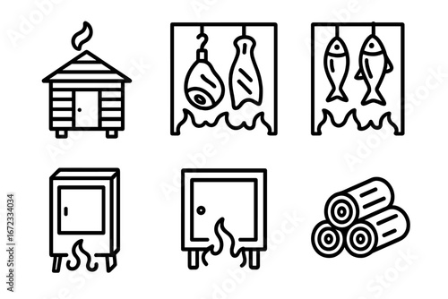 Outline vector icons set of smoking meats and fish in smokehouse cabin, hanging meat and fish, smoking chamber, wood logs for traditional food preservation and smoking process
