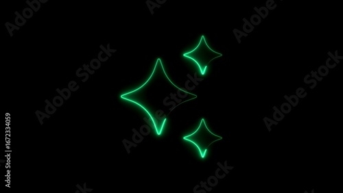 Three glowing neon green stars on a dark black space representing sparkle and magic
