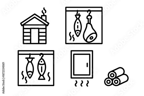 Smoking icons set, outline style, smoked meats and fish illustrations, smokehouse cabin, hanging meat and fish, smoking chamber, wood logs, BBQ and food preservation vector collection