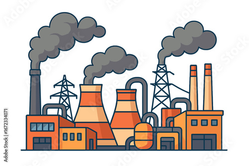Industrial factories producing energy and emissions, stylized vector cartoon illustration of power plants with smoke stacks, chimneys, pipes, and electric towers, environmental pollution concept
