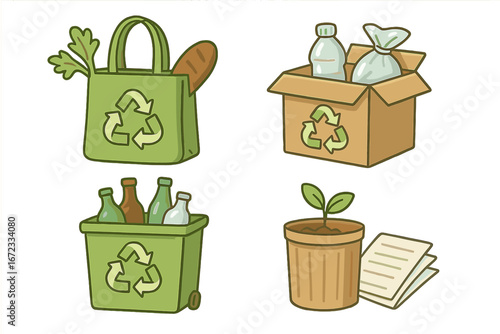 Eco-friendly containers and recycling materials illustrations promoting sustainable practices and waste management with reusable bags, recycling bins, and plant growth vector cartoon