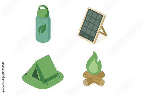 Sustainable camping icons isometric flat vector set of eco-friendly camping practices reusable water bottle solar charger green tent campfire illustration on transparent background