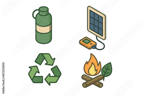 Sustainable Camping Icons, Isometric Flat Vector Set of Eco-Friendly Outdoor Practices, Reusable Water Bottle, Solar Charger, Recycling Symbol, Campfire with Leaf, Green Nature Conservation