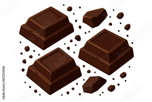 Isolated dark chocolate pieces with flying crumbs, rich dessert snack, vector cartoon illustration, tasty cocoa treat, sweet food design element, dark brown confection