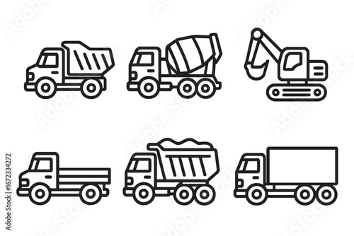 Line vector icons depicting various types of trucks and heavy machinery used in construction, transportation, and industrial activities, cartoon illustration with transparent background
