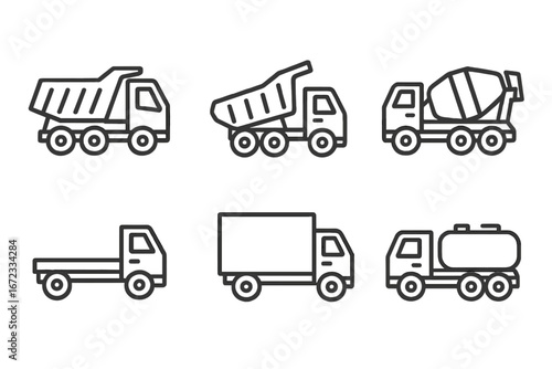 Line vector icons depicting various types of construction and transportation trucks, including dump, cement mixer, flatbed, cargo, and tanker trucks in cartoon style with transparent background