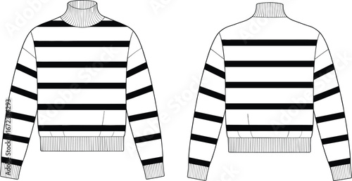 Black and white striped sweater fashion flat sketch, front and back view, long sleeve pullover design for apparel illustration