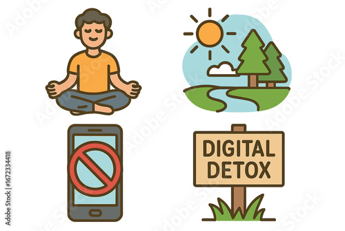 Mindfulness and Digital Detox Concept Illustration with Meditation, Nature Scenery, Technology Displacement, Relaxation, and Wellness Vector Cartoon Art