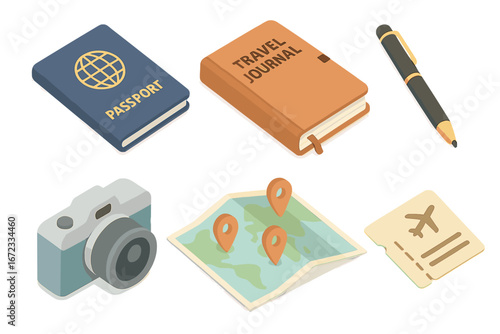 Isometric Travel Icon Set with Passport, Travel Journal, Pen, Camera, Map, and Ticket Stub – Flat Vector Illustration for Travel Planning and Journaling