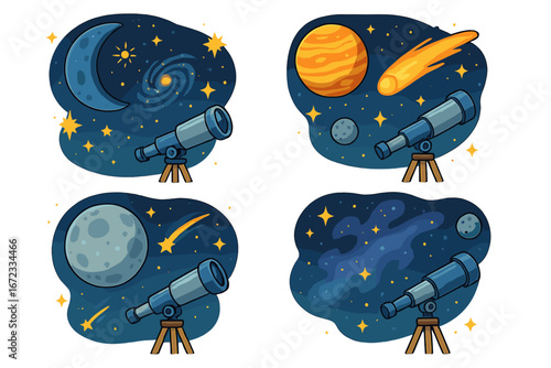 Night sky exploration with telescopes, vibrant celestial bodies, comet streaks, moons, stars, galaxies, and cosmic phenomena in charming cartoon vector illustrations