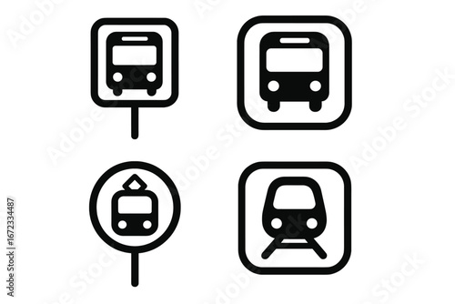 Simplified public transport icons representing bus stops, metro stations, and urban transit for navigation and city planning, cartoon style vector illustration