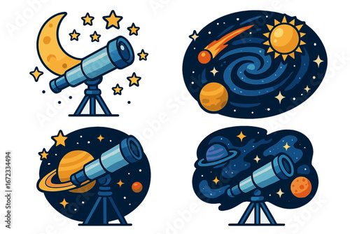 Night Sky Exploration with Telescopes and Celestial Bodies, Cosmic Phenomena, Stars, Planets, and Galaxies in Vibrant Vector Cartoon Illustrations for Space Discovery and Astronomy