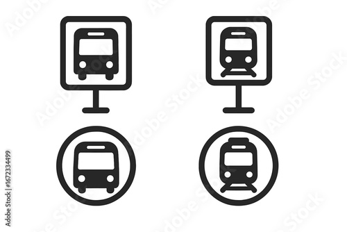 Public transport icons representing bus stops and train stations in simplified urban navigation design, vector cartoon illustration for transit planning and city maps