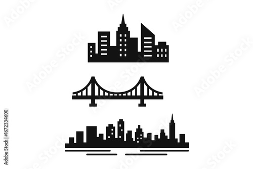 Urban skyline icons set with high-rise cityscape, modern bridge silhouette, waterfront city skyline panorama, flat vector illustration on transparent background