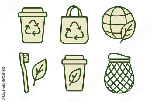 Recycling and eco-friendly products illustrated in minimalist vector design showcasing sustainable practices, reusable bags, biodegradable items, and green living concepts