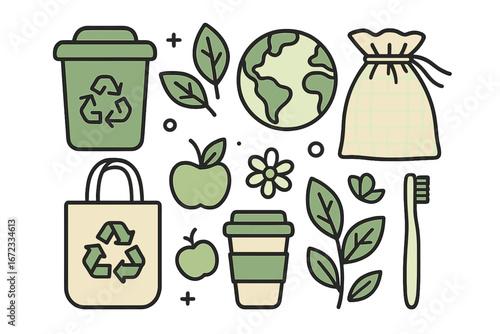 Recycling and eco-friendly products minimalist vector design showcasing sustainable everyday items, green earth, reusable bags, nature elements, and environmentally conscious lifestyle concept