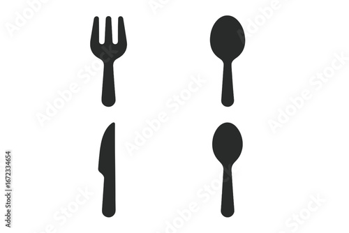 Solid Filled Utensil Icon Set of Eating and Serving Tools Including Salad Fork, Soup Spoon, Steak Knife, and Serving Spoon Vector Illustration on Transparent Background
