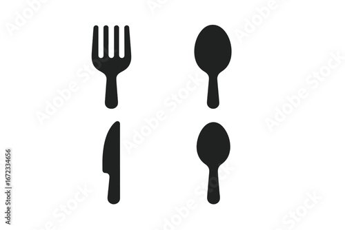 Utensil icon grid set with solid filled vector illustrations of eating and serving utensils including salad fork, soup spoon, steak knife, and serving spoon on transparent background