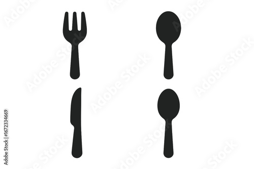 Solid Filled Utensil Icon Grid with Mixed Eating and Serving Utensils including Salad Fork, Soup Spoon, Steak Knife, and Serving Spoon in Vector Illustration on Transparent Background