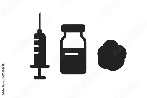 Vaccination tools icons solid filled vector set of injection syringe vaccine vial cotton ball medical health care immunization instruments transparent background
