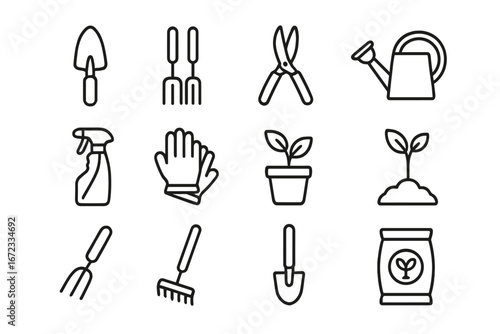 Set of Line Style Gardening Tools and Plant Care Icons, Sprayer, Watering Can, Pruning Shears, Gloves, Seedling, Pot, Rake for Landscaping and Home Gardening Essentials Vector Illustration
