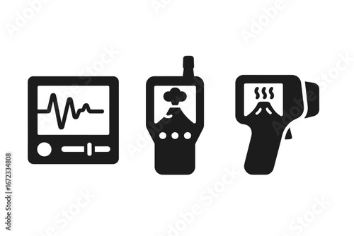 Volcanic Monitoring Icons Set of Solid Filled Vector Symbols with Seismograph, Gas Analyzer, Thermal Camera for Volcano Activity Detection and Safety Alert