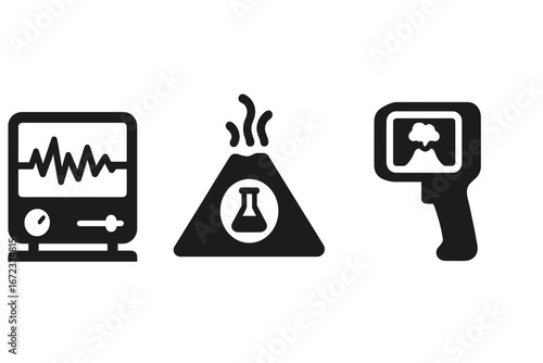 Volcanic monitoring icon set, solid filled vector of volcanic monitoring tools including seismograph, gas analyzer, thermal imaging camera, geophysical instrumentation symbols