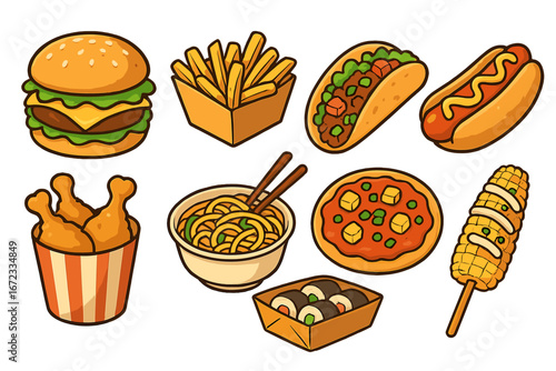 Street food assortment showcasing diverse cuisines from food truck festival. Vector cartoon illustration with burger, fries, taco, hot dog, fried chicken, noodles, sushi, pizza, and corn on cob