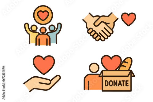 Symbols of community engagement and mutual support in charitable activities and social initiatives, including handshake, heart hand, donation box, and caring people vector illustrations