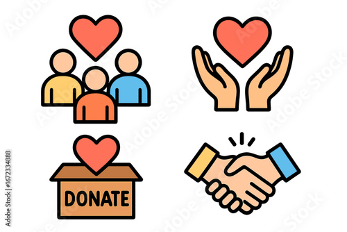 Symbols of Community Engagement and Mutual Support in Charitable Activities and Social Initiatives, Vector Cartoon Illustration with Love, Donation, Hands, and Handshake Icons Transparent