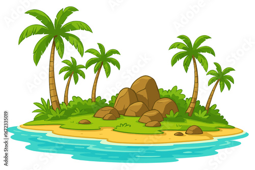 Tropical island landscape with lush palm trees, large natural rocks, sandy beach, and clear blue water during daylight, vector cartoon illustration with transparent background, tropical paradise scene