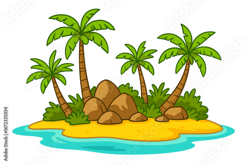 Tropical island landscape with palm trees, rocks, green shrubs, clear blue water, and sunny daylight illustration, vibrant nature scene, exotic beach paradise, vector cartoon